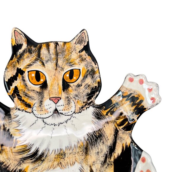 Cats by Nina Lyman Ceramic Cat Shaped Plate Platter Orange Black Calico - Picture 2 of 12